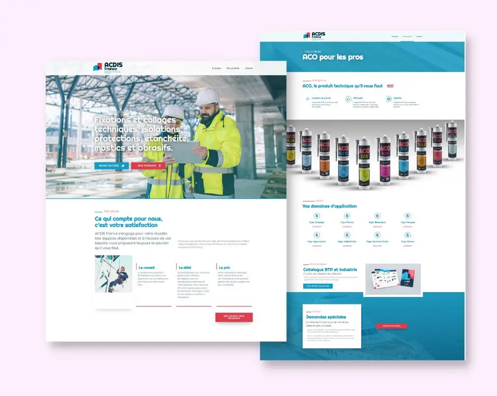 captures de pages du site internet de l'industriel ACDIS France pour mise en avant du design charté et du site fonctionnel développé sous WordPress