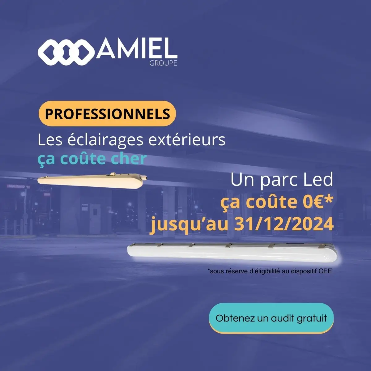 Éclairage LED professionnel, campagne Meta Ads conçue par Nuances Com', Amiel Groupe