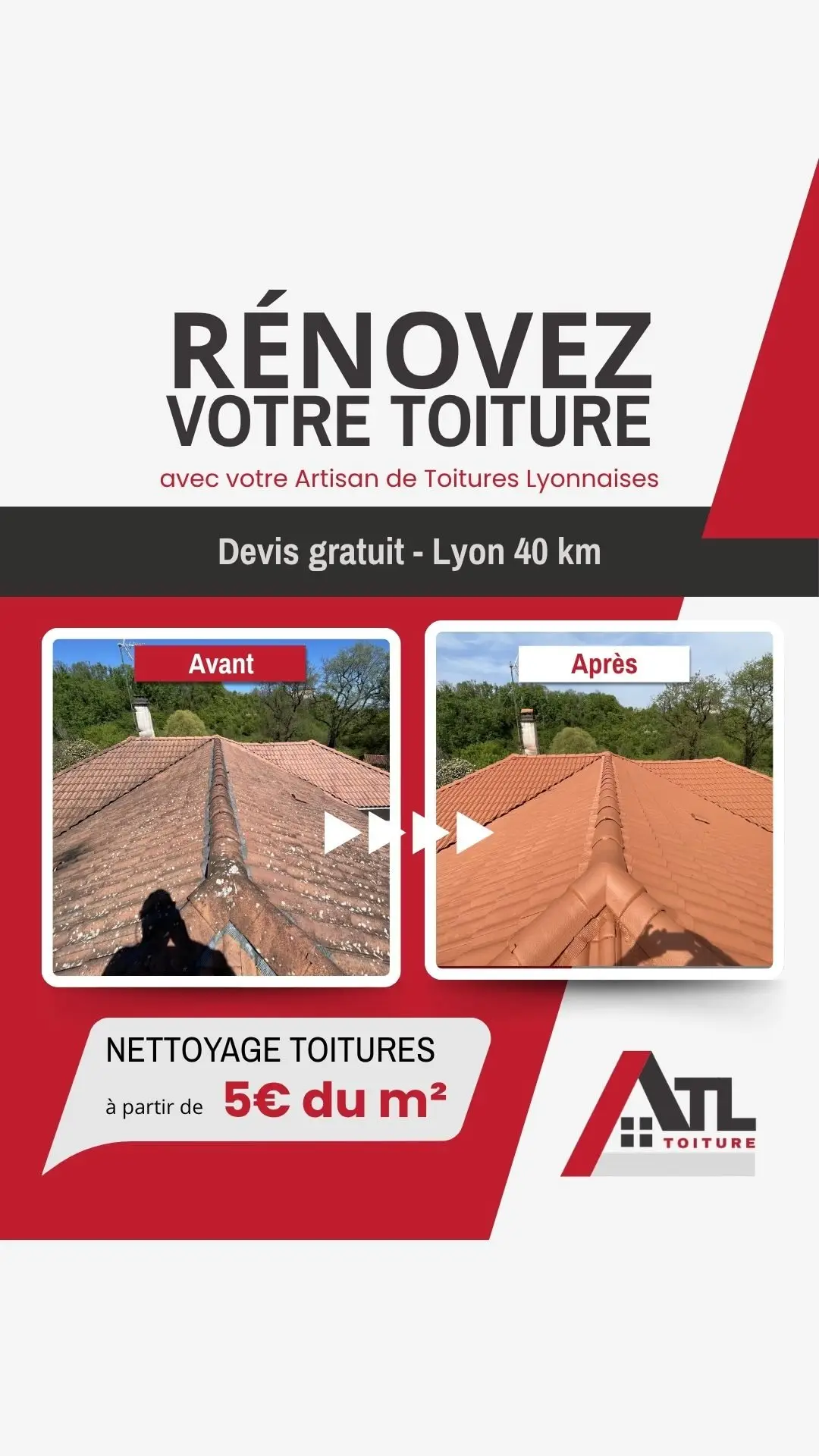 Publicité Meta Ads nettoyage de toiture avant/après, conçue par Nuances Com', ATL Toiture Saint-Genis-Laval