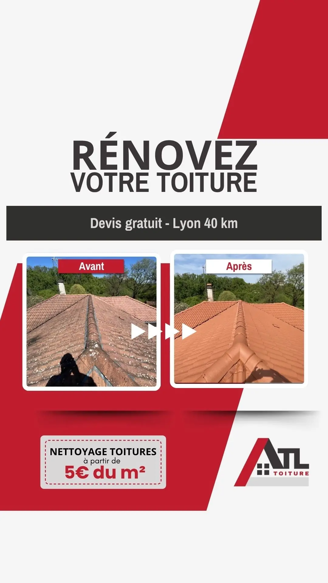 Publicité Meta Ads nettoyage de toiture avant/après, format story, ATL Toiture