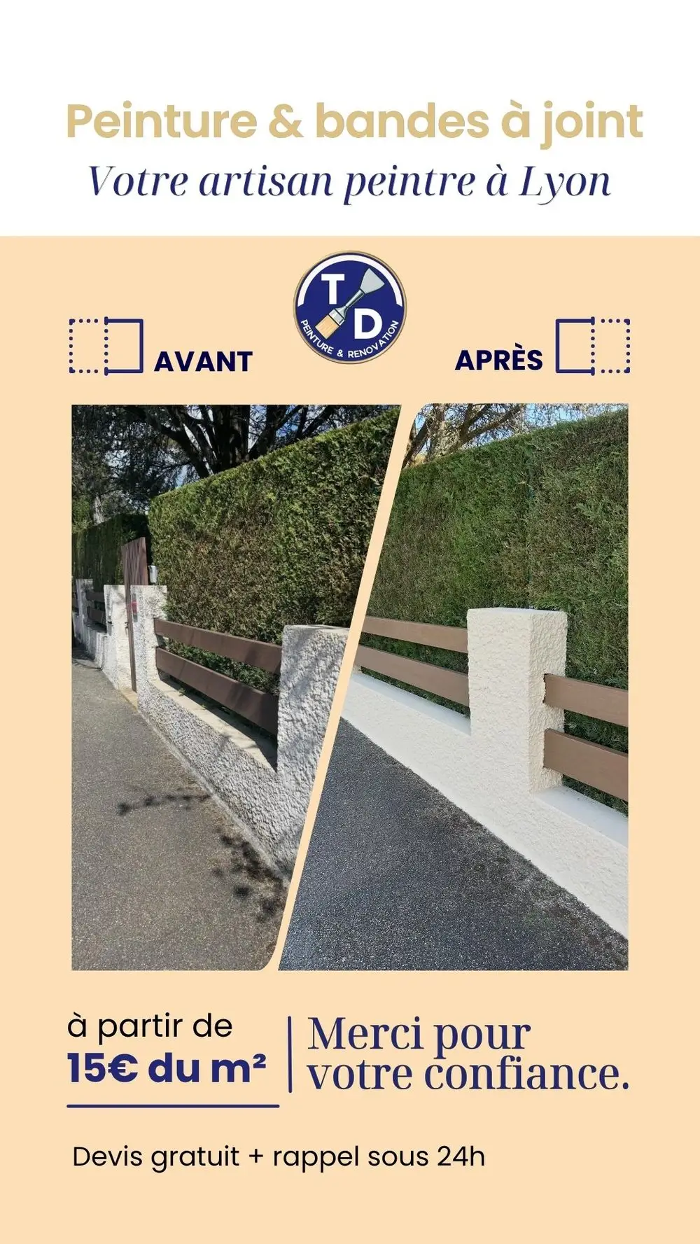 Publicité Meta Ads rénovation de clôture avant/après, conçue par Nuances Com', TD Rénovation Lyon
