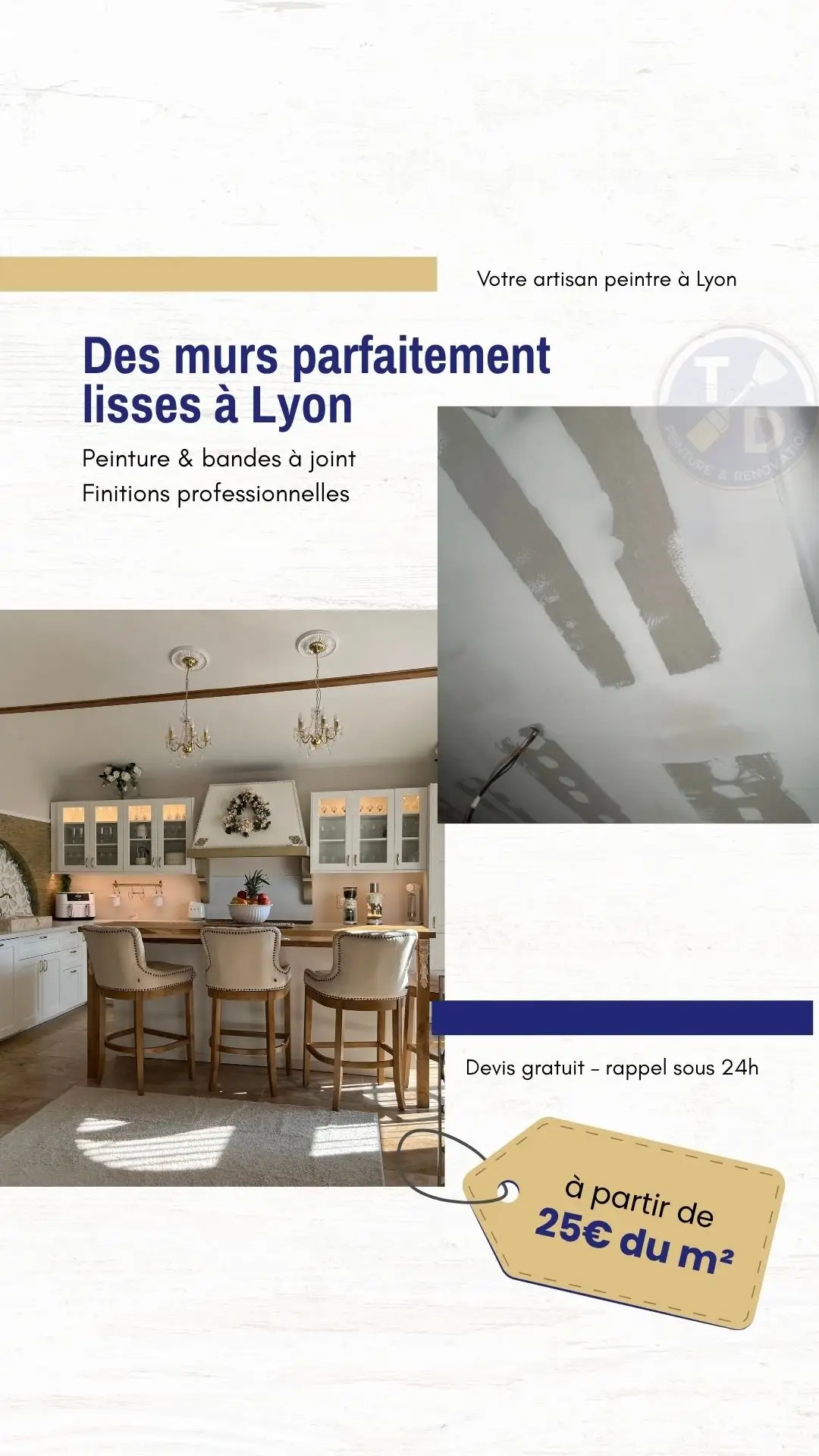 Publicité Meta Ads, détail finitions bandes à joint et cuisine rénovée, TD Rénovation Lyon